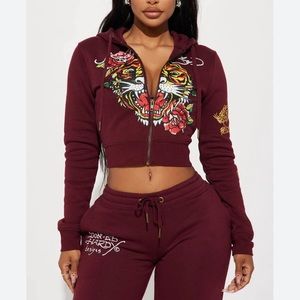 Retro Tiger Ed Hardy cropped Hoodie zip front women’s gift